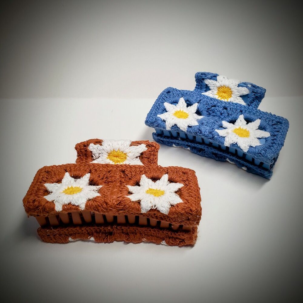Adorable Crochet Claw Clips Set of 2 Brown/Blue Cottagecore Whimsy